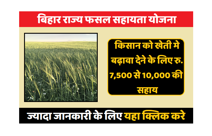 बिहार राज्य फसल सहायता योजना किसान को खेती मे बढ़ावा देने के लिए रु. 7,500 से 10,000 की सहाय