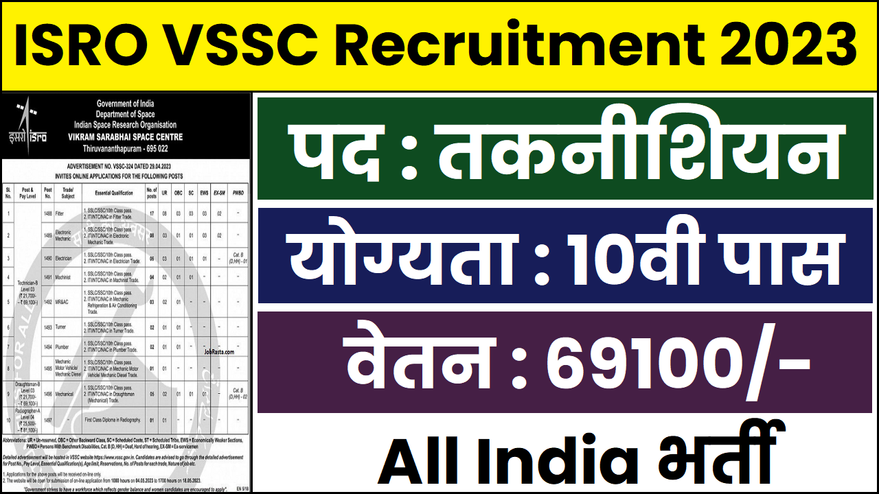 ISRO VSSC Recruitment 2023 तकनीशियन व अन्य विभिन्न पदों के लिए 10वी पास पर भर्ती का नोटिफिकेशन जारी