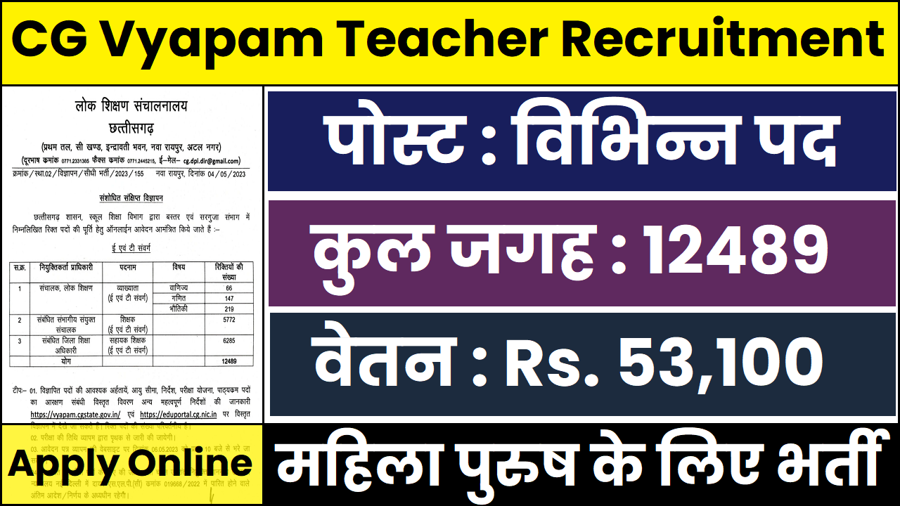 CG Vyapam Teacher Recruitment 2023 12489 रिक्तियों पर बम्पर भर्ती का नोटिफिकेशन जारी
