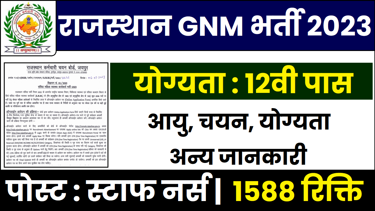 Rajasthan GNM Recruitment 2023 1588 रिक्तियों पर विभिन्न पदों के लिए भर्ती का नोटिफिकेशन जारी